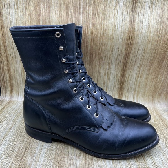 Justin 506 Roper Boots Men's Size 12 EE Black Leather Work Boots Fringe Boots - Picture 1 of 9
